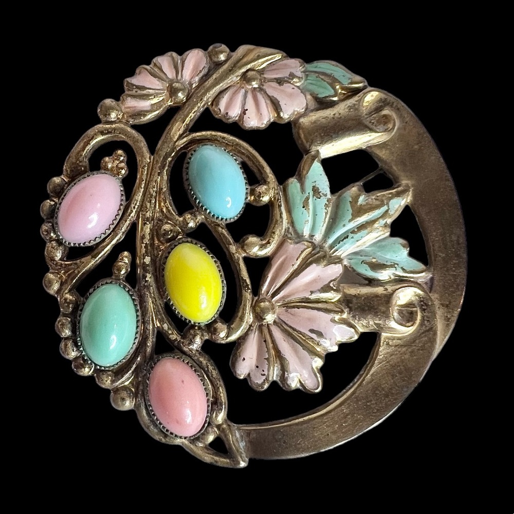 Antique Brooch Awesome Old World Pastel Glass Brass Tone Floral Circle Pin